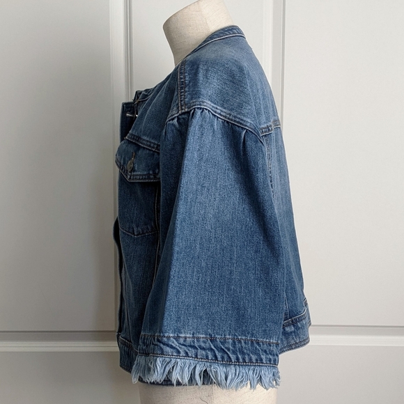 1. State Denim Jacket 3/4 Length Flared Frayed Sleeve Button Front Blue M NWT - Picture 12 of 16